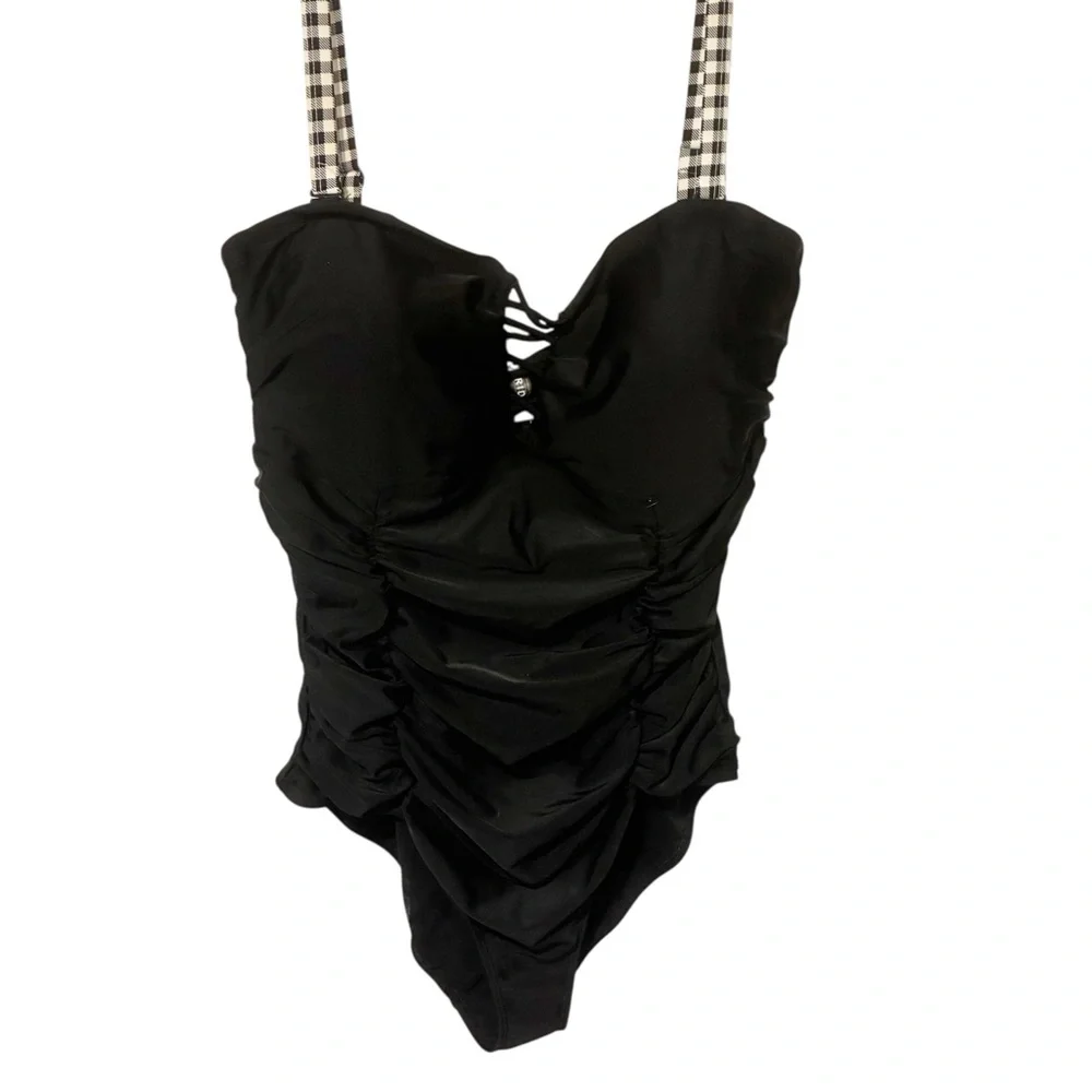 Torrid Plus Size 2X Lattice Front One Piece Black Bathing Suit Removable Straps
